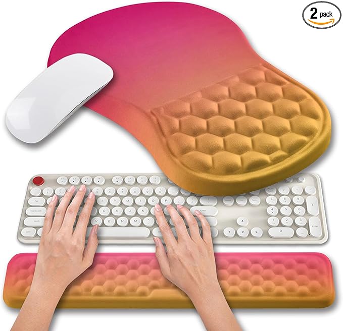 Hokafenle 2 in 1 Ergonomic Mouse Pad Wrist Support & Wrist Rest for Computer Keyboard Set, with Relieve Carpal Tunnel Pain Massage Bulge and Full Memory Gel Design (2In1 Set, Sunset Glow)