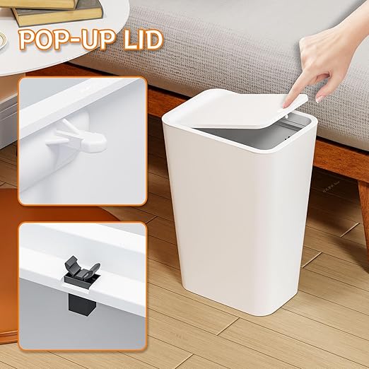 Yieach 12L White Slim Bathroom Trash Can with Lid,3.17 Gallon Pet/Dog Proof Kitchen Trash Can,Rectangle Thin Garbage Can,Covered Waste Basket,Narrow Small Plastic Trashcan for Room,Bedroom,Office,2PCS