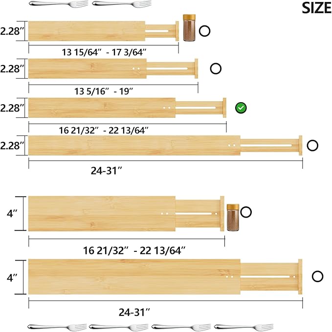 BAMEOS Drawer Dividers Bamboo Separators Organization Expandable Organizers for Kitchen Bedroom Bathroom Dresser Office 4-pack