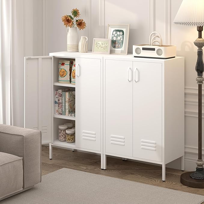 Metal Cabinet Storage,Metal Shoe Cabinet with Shelves,2 Door Storage Cabinet for Living Room,Entryway,White