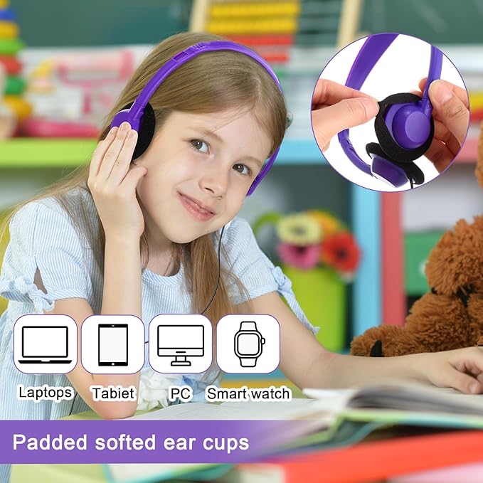 Yunsailing 30 Pack Class Set Headphones for Students Bulk School Headsets Earphones with 3.5mm Jack Classroom Must Haves Teacher Supplies for Adults Laptop Computer(Purple)