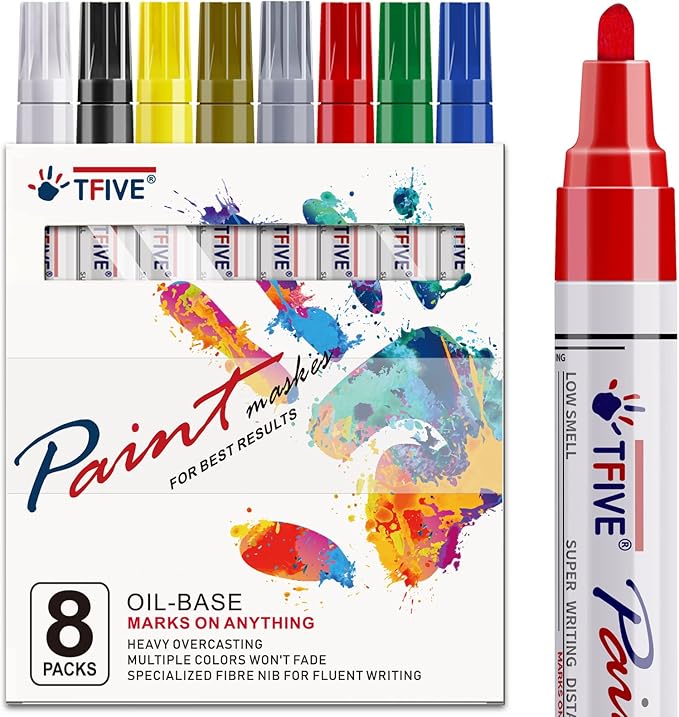 TFIVE Paint Markers Pens Set, 8 Color Oil-Based Permanent Paint Marker, Medium Tip, Quick Dry and Waterproof Pen for Rock Painting, Ceramic, Wood, Fabric, Plastic, Canvas, Glass, Mugs
