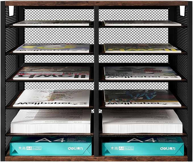 PAG Mass Mail Sorter - Adjustable Mail Holder, Countertop Literature Organizer, Student Mailbox for Classroom, Desktop Bill Paper Organizer for Office Home School, 12 Compartments, Brown