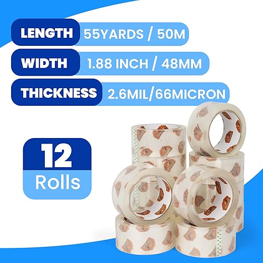 TAPEBEAR No Noise Packing Tape, Upgraded High Transparency 2.6mil x 1.88" x 55 Yards Quiet Packaging Tape Refill Rolls, Heavy Duty Shipping Tape for Sealing, Storage, Moving, 12 Rolls, Total 660Yards
