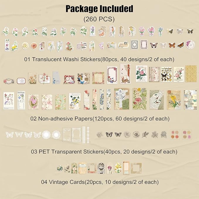 260PCS Vintage Journaling Scrapbooking Supplies Scrapbook Sticker Paper Ephemera Pack for Bullet Junk Journal Planners Collage Craft Notebooks Album (Flowers and Butterflies)