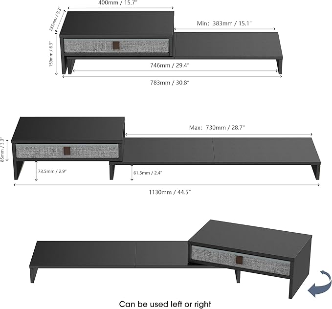 Fenge Computer Monitor Riser Stand with Drawer for 2 or 3 Monitors ,Adjustable Length and Angle Desktop Laptop Stand,Office Organizer,Printer,Black