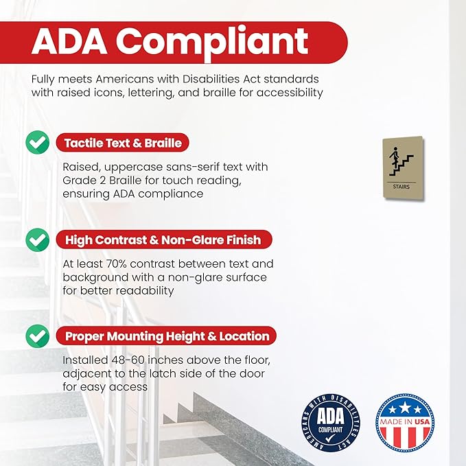 Promot Stair Sign – ADA Braille Stairway Sign for Business, Self-Adhesive, 9" x 6", Commercial Door Signage, Office Wall Decor - Taupe