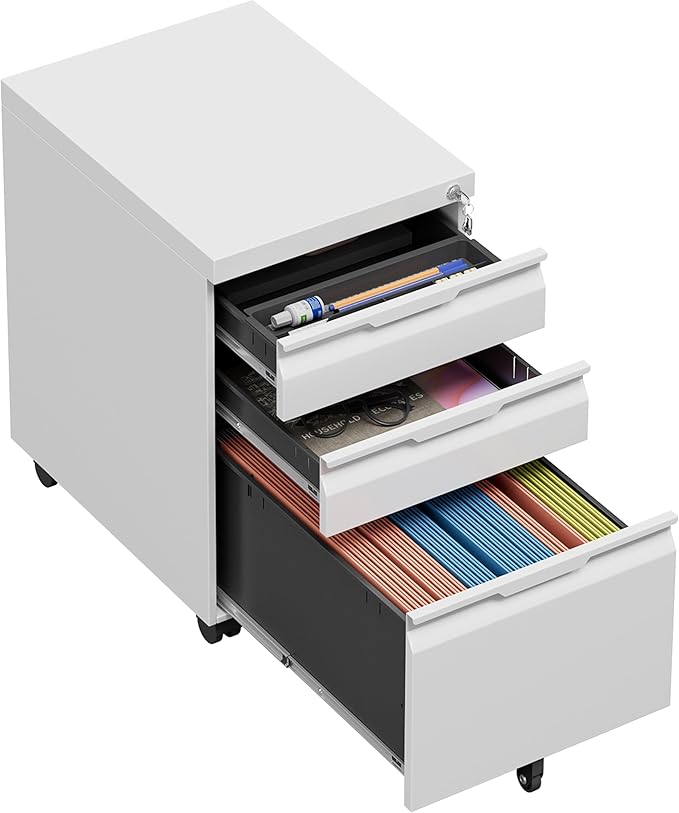 3 Drawer Mobile File Cabinet with Lock,Under Desk Metal Filing Cabinets with Wheels for Home Office Organizer Letters/Legal/A4(Easy Assemble-White)