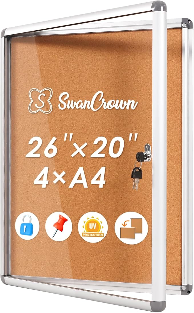 SWANCROWN Enclosed Bulletin Board Tamper-Proof Cork Noticeboard Secure Information Board with Acrylic Door 26x20inch (4xA4)