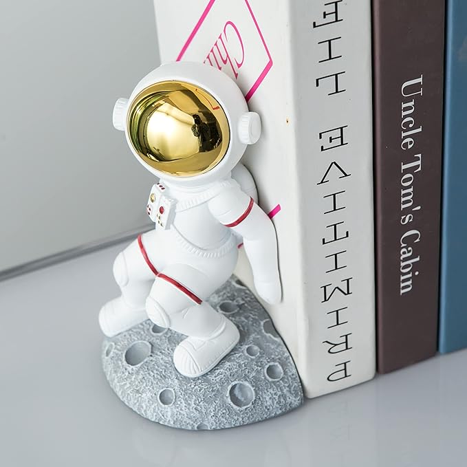 Space Theme Bookends for Shelves, Astronaut Moon Book Ends for Kids Room, Decorative Planet Book Stoppers to Hold Books Heavy Duty, Unique Boys and Girls Gift (Gray)