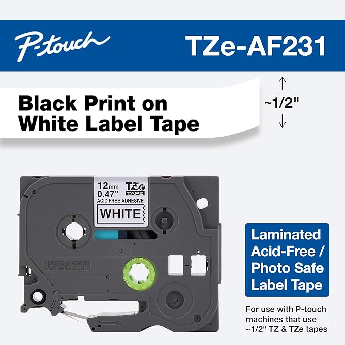 Brother Genuine P-touch TZE-AF231 Tape,1/2" (0.47") Wide Acid-Free Adhesive Laminated Tape, Black on White, Safe for Photo-Labeling or Scrapbooking, Water-Resistant,0.47" x 26.2' (12mm x 8M), TZEAF231