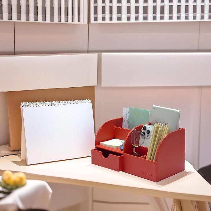 UnionBasic Desk Organizer - Multifunctional Leather Desktop Pen Holder Storage Box - Business Card/Pen/Pencil/Mobile Phone/Stationery Holder, Red