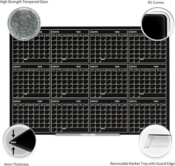 Magnetic Whiteboard Calendar Black Glass Board Yearly Calendar - 35" X 47" Large Wall Calendar - White Board Dry Erase Planner for Wall Home, School, Office