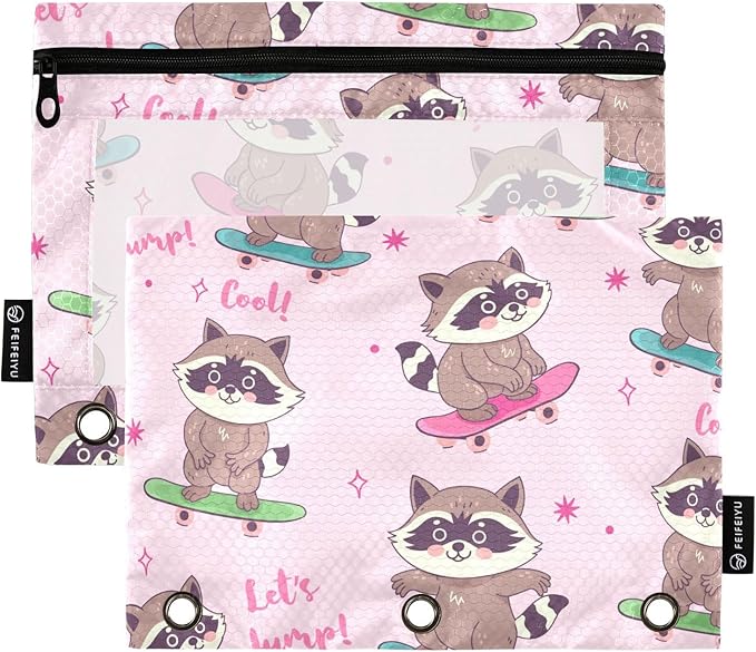 ZAZYXTJ Raccoon Binder Pencil Pouchs 3 Ring with Zipper Clear Window Office Organizers bag for School Students Teacher Supplies 2 Pack