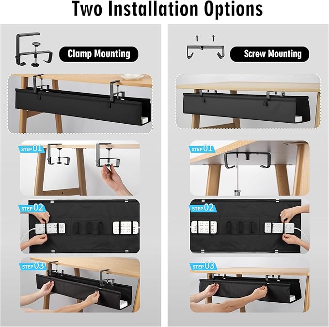 Desk Cable Management Tray, Fabric Cable Organizer, No Drill Large Clamp/Screw Mount Wire Organizer-Support Up to 30lbs, Standing Desk Cable Management for Office Home (Black,28 Inch)
