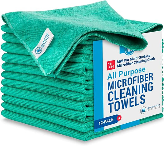 MW Pro Microfiber Cleaning Cloth | Green (12 Pack) | Size 16" x 16" | All Purpose Microfiber Towels - Clean, Dust, Polish, Scrub, Absorbent