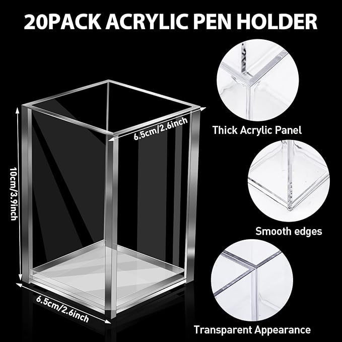 20Pack Clear Acrylic Pen Holder Desktop Pencil Organizer Acrylic Pencil Cup Stationery Office Organizer Makeup Brush Holder