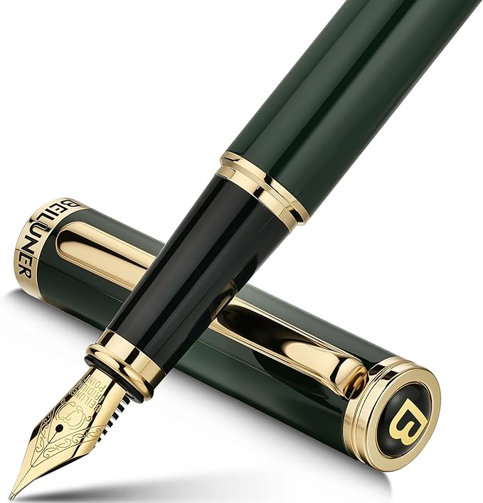 BEILUNER British Racing Green Fountain Pen,Stunning Luxury Pens with 24K Gold Accents, Gorgeous 24K Gilded Nib(Fine), Ink Converter,Fancy Pen Gift for Men&Women-Smooth, Office, Nice for Writing