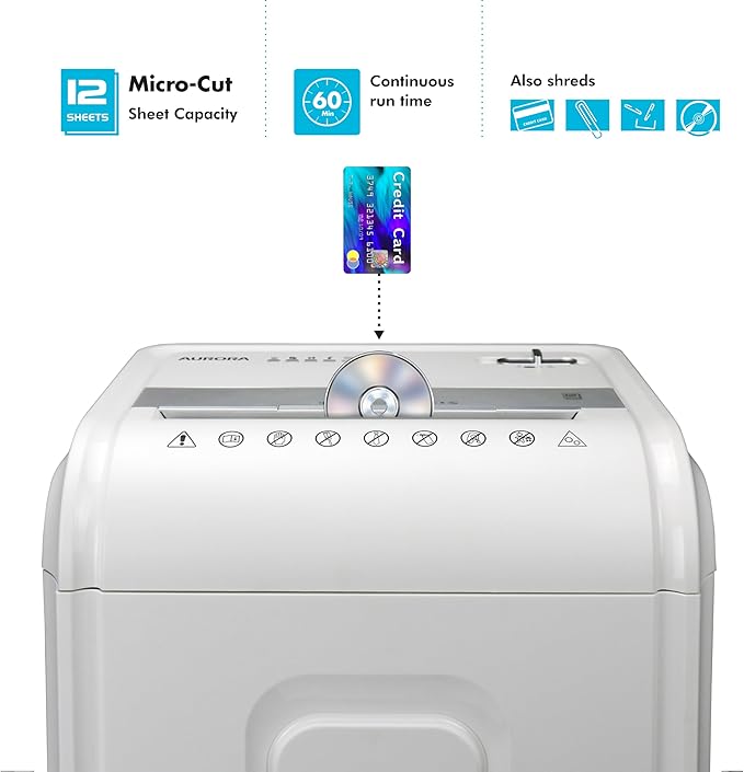 Aurora High-Security 12-Sheet Micro-Cut Paper/CD and Credit Card Shredder with 5.7 Gallon Pullout Basket / 60 Mins Running Time/Security Level P-4