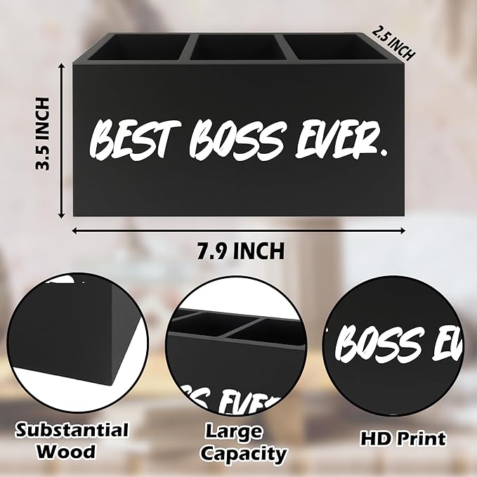 Boss Gifts Pen Pencil Holder Organizer for Desk, Bosses Leader Appreciation Gifts, Best Boss Ever Wooden Box Signs Decorations for Home Workplace Office Desk Tabletop