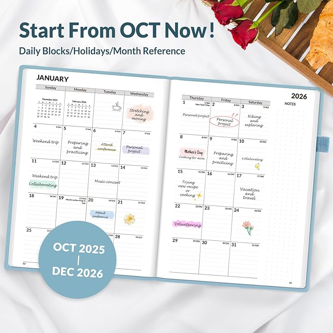 SUNEE 2026 Weekly & Monthly Hardcover Planner 5.5" x 8.3" - 12 Month (January 2026 - December 2026), Small Hardcover Planner, Pocket, Notes, 100 GSM Paper, Gray Blue