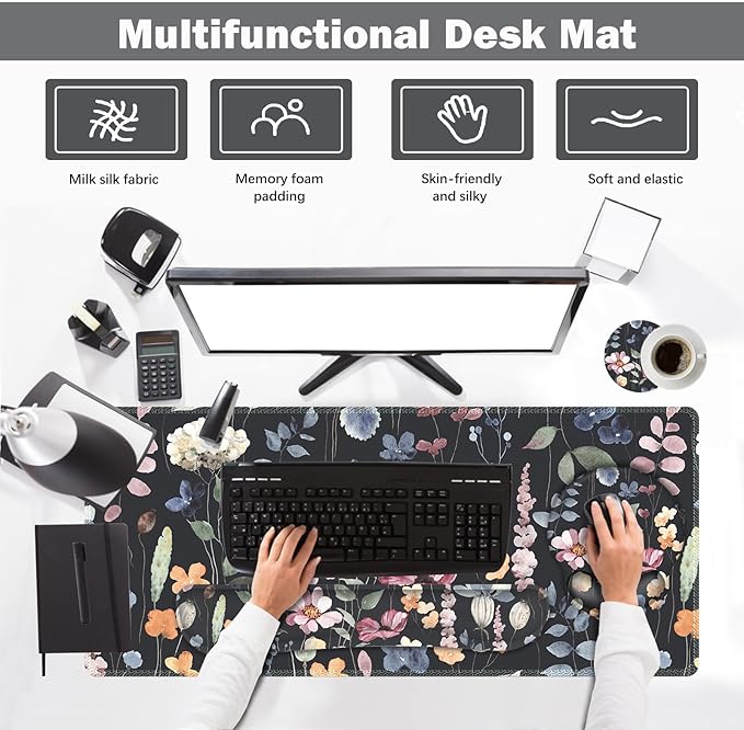ARTSO Desk Mat, Large Gaming Mouse Pad Wrist Support Set, Ergonomic Keyboard Wrist Rest Desk Pad with Coaster Combo, Extended Mousepad with Non-Slip for Home Office, Flowers Plants