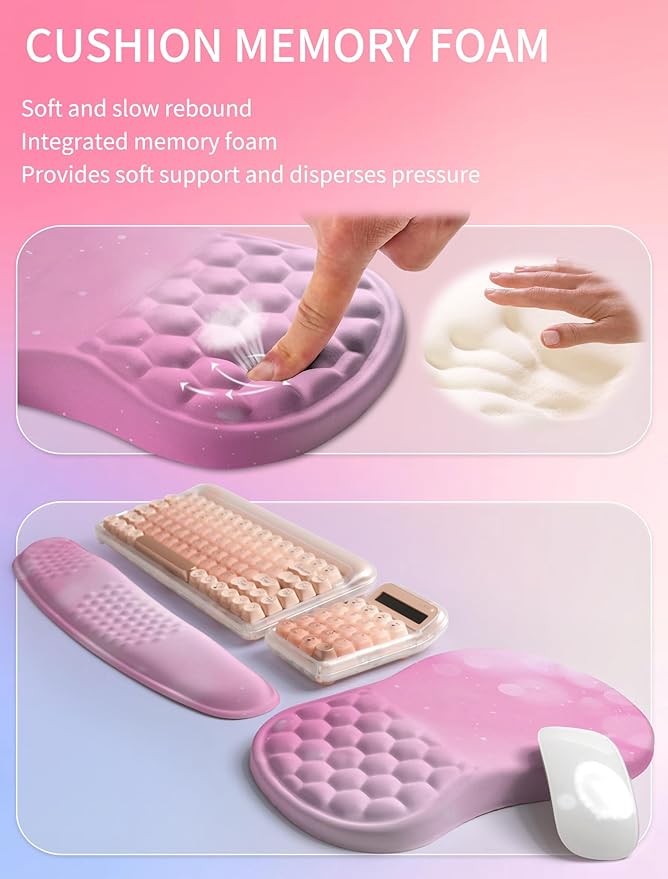 Hokafenle 2in1 Combination, Wave Keyboard Wrist Rest and Ergonomic Curvature Mouse Pad Wrist Support for Relieve Wrist Pain, Filled with Soft Cushion Memory Foam, Romantic Pink