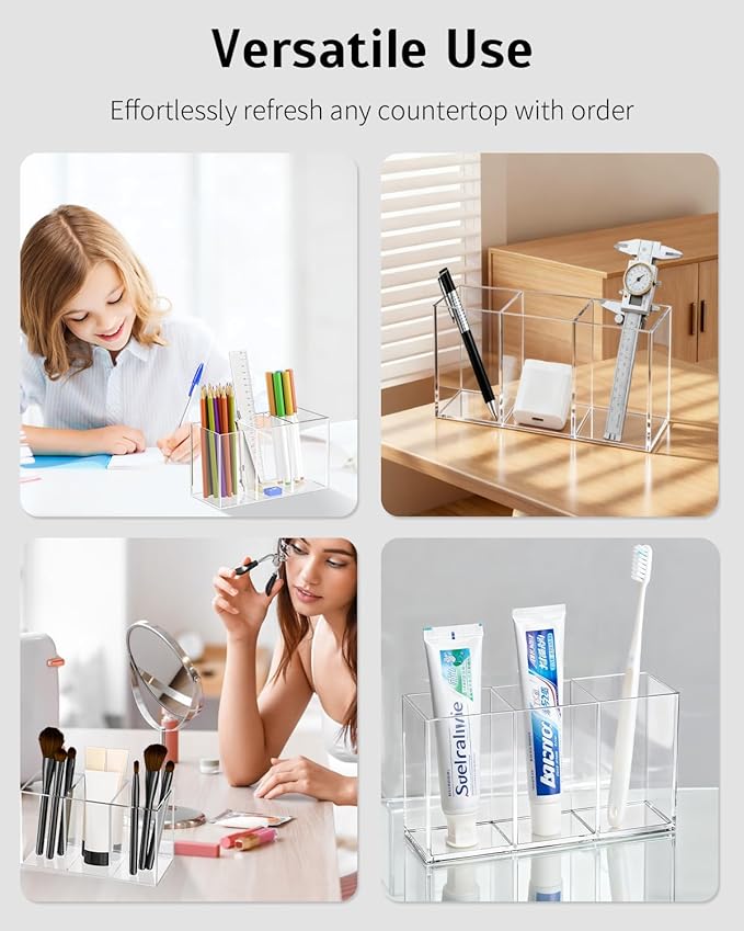 Uniclife Clear Acrylic Pen Holder for Desk, Plastic Pencil Holder Pen Organizer with 3 Compartments, Desktop Stationery Organizer for Office Home School, Vertical Makeup Brush Holder, 6.8" x 3" x 4"