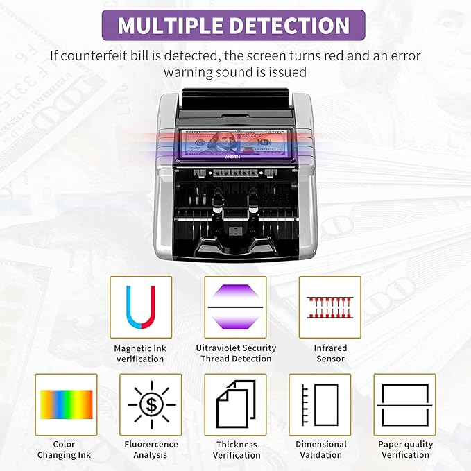 Aneken Money Counter Machine with Value Count, Dollar, Euro UV/MG/IR/DD/DBL/HLF/CHN Counterfeit Bill Detectors，Add and Batch Modes, Cash Counter with LCD Display
