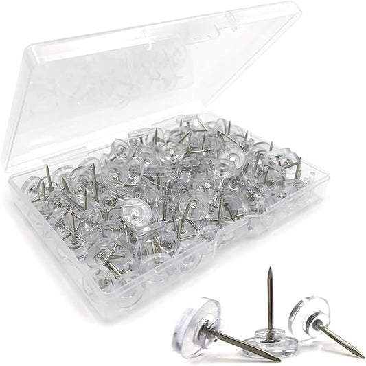 150 Pack Clear Push Pins Tacks, Flat Head Thumbtacks for Bulletin Board, Cork Board, Shadow Box, Wall Hanging – Heavy Duty Plastic Head with Steel Point in Reusable Storage Box