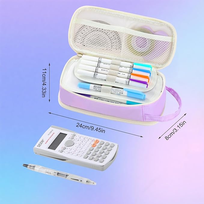 Pencil Case Large Zipper Pencil Pouch for Girls Kids Teens Adults Aesthetic Pencil Bag Stationery Organizer Pencil Case with Handle for School Purple