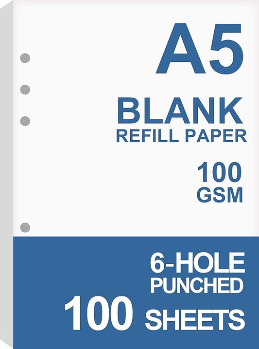 A5 Blank Paper, Refills for Filofax Planner, Organizer, Binders, 6 Hole Punched, 100 Sheets/200 Pages, 100gsm, White, 5.8 x 8.2 Inch