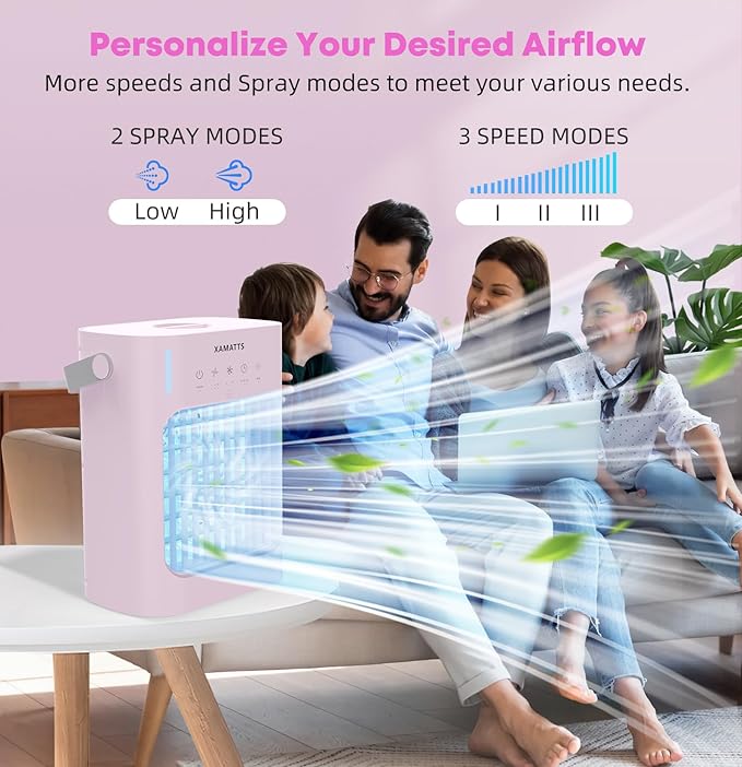 Portable Air Conditioners Cooling Fan, 3 Speeds Evaporative Mini Air Conditioner Portable, 700ml Portable AC Air Cooler, Personal Air Conditioner for Bedroom,Room,Office,Camping-Pink