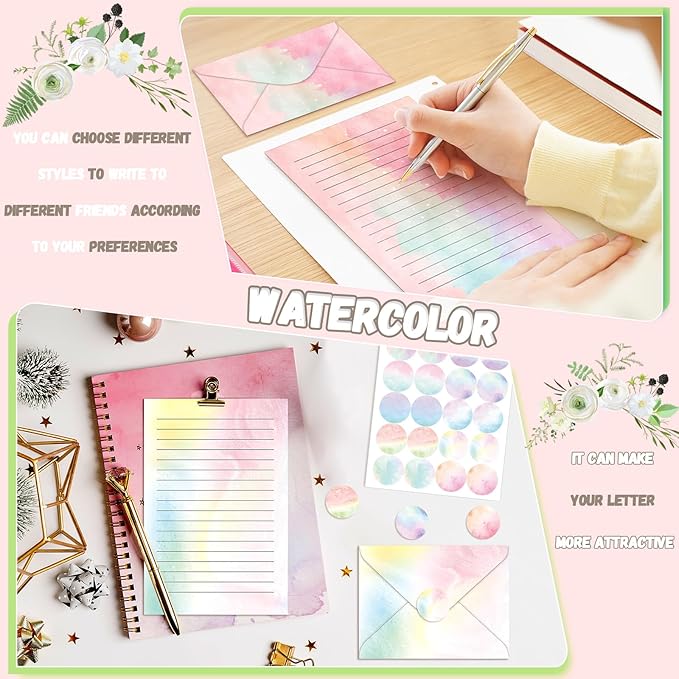 TaoBary 160 Pcs Stationery Paper Set 50 Double Sided Stationery Papers with 50 Matching Envelopes and 60 Round Dot Sticker, 10 Design(Watercolor,8.5 x 11 Inch)