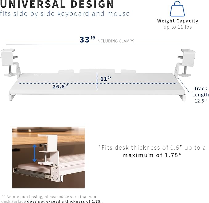 VIVO Large Height Adjustable Under Desk Keyboard Tray, C-clamp Mount System, 27 (33 Including Clamps) x 11 inch Slide-Out Platform Computer Drawer for Typing, White, MOUNT-KB05HW