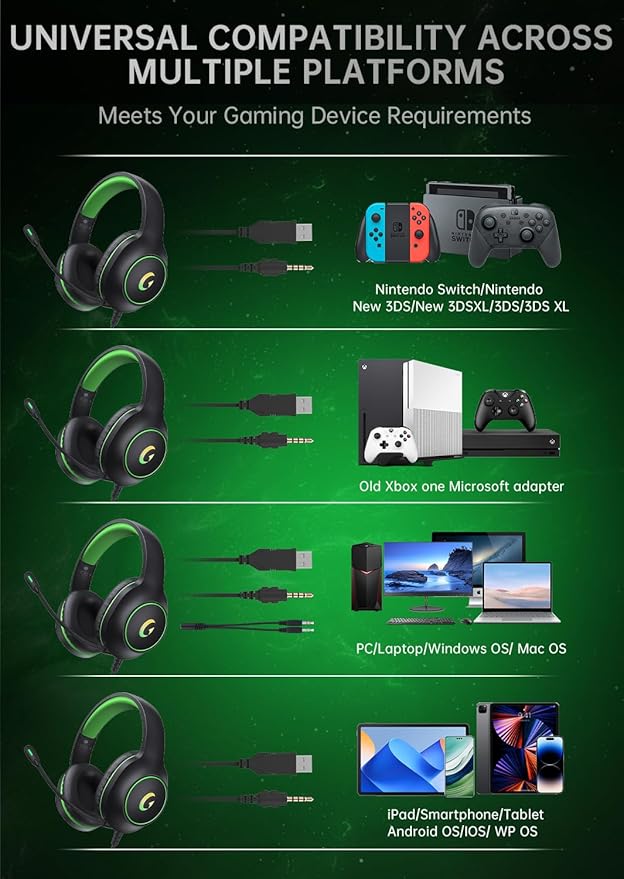 CM7002 Gaming Headset for PS5, PS4, PC, Mac, Switch, Xbox Series, Surround Sound RGB Gaming Headphones with Noise Canceling Microphone, 50MM Dynamic Drivers, 3.5MM Audio Jack, Black Green