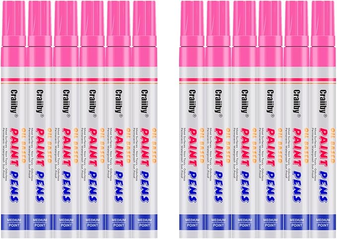 Pink Paint Markers, 12 Pack Oil-Based Waterproof Quick Dry Permanent Paint Pen Set for Rocks Painting, Wood, Fabric, Plastic, Canvas, Glass, Mugs, Metal, Tire, Stone, DIY Craft
