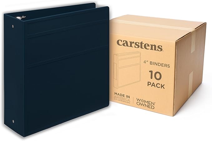 Carstens 4-Inch Heavy Duty 3-Ring Binder - Side Opening, Navy Blue, Durable Plastic, No-Gap Rings, Waterproof Cover, No Pockets, Holds 600 US Letter Sheets, BPA-Free, Made in USA (1849-3R), Case of 10