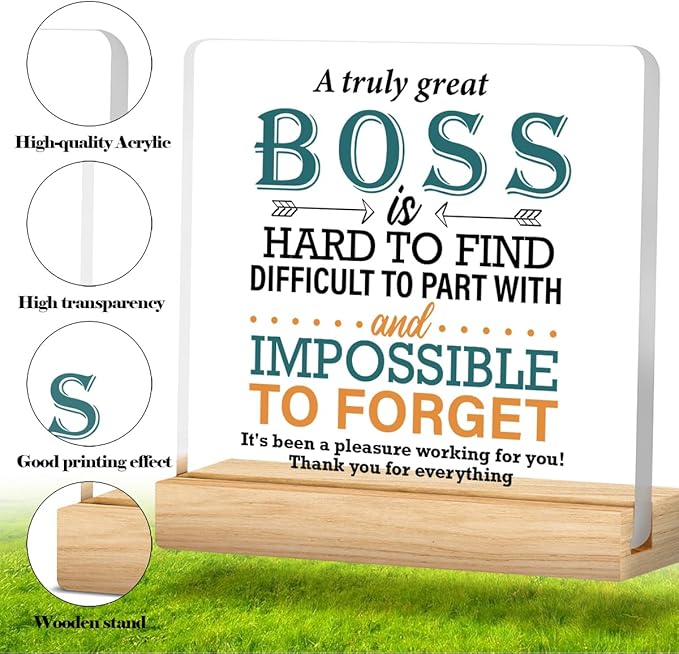 Zauly Best Boss Gifts, Acrylic Desk Sign Decor, 4 x 4 Inches, Modern, White, Brown, Inspirational