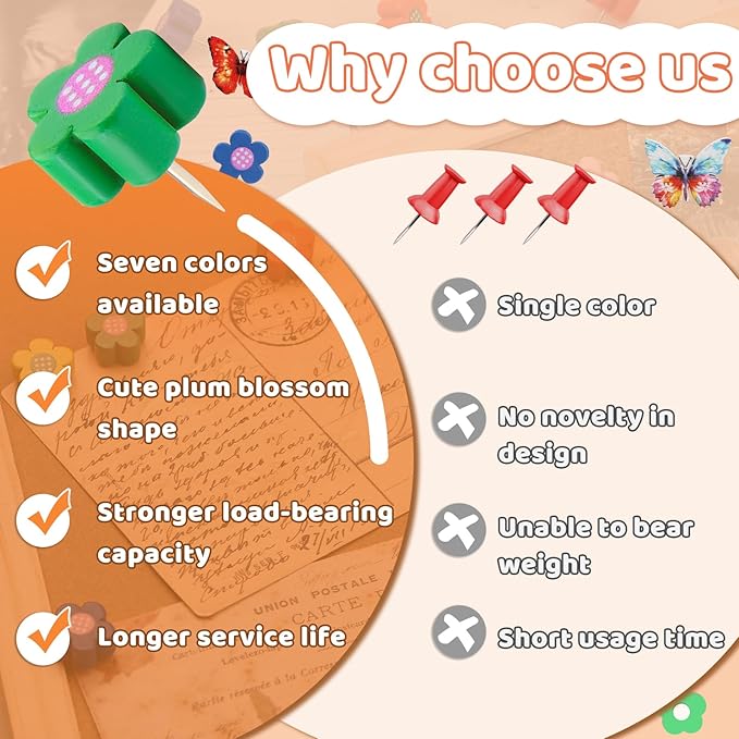 80 Pcs Push Pins for Cork Board, Decorative Thumb Tacks Wooden Push Pins Head Pin Wood Map Tacks Pin, Wood Thumb Tacks for Bulletin Boards Craft Projects with Storage Box-Flower and Butterfly