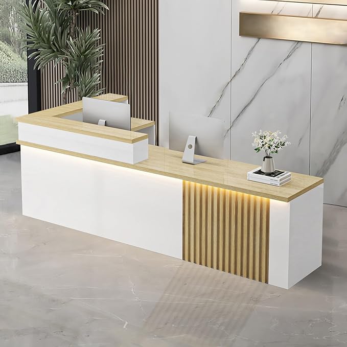 L-Shaped Receptionist Desk，Office Front Desk Reception Counter with Hidden Lighting & Storage Drawer Commercial Checkout Counter Sturdy for Salon Clinic Clothing Store