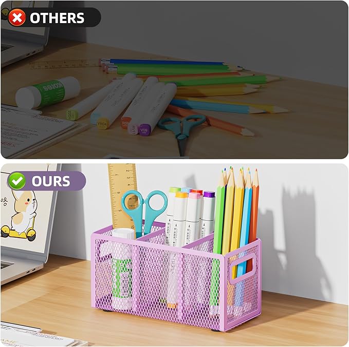 Marbrasse Mesh Pen Holder for Desk,Pencil Holder Desk Organizer 3 Adjustable Compartments,Pencil Cup with Handle Perfect for Classroom, Office, Home,Makeup,Art (Purple)