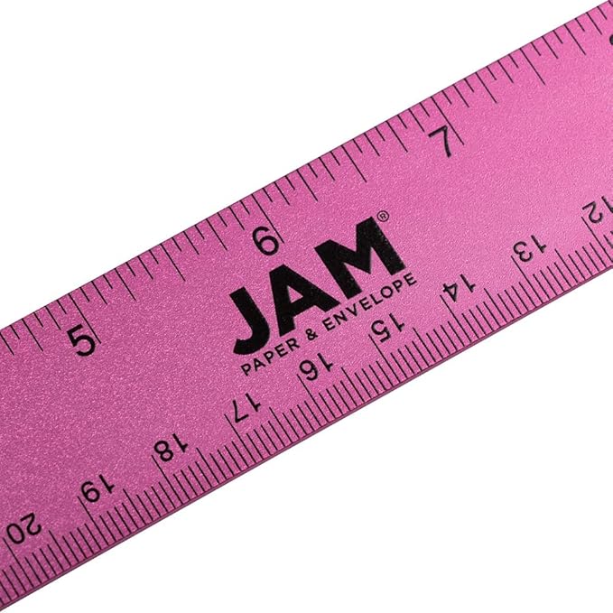 JAM PAPER Strong Aluminum Ruler - 12 Inch - Metal Ruler with Non-Skid Cork Backing - Fuchsia Metallic - Sold Individually
