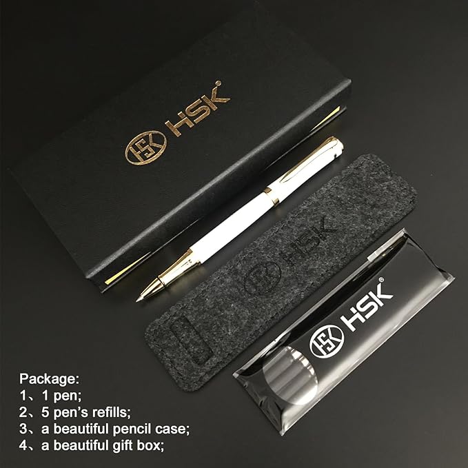 HSK Luxury Ballpoint Pens gift Pen Black Refill Line width 0.5mm,Best Ball Pen Gift Set for Men & Women Professional Executive,Office,Nice Pens Classy Gift Box (White)