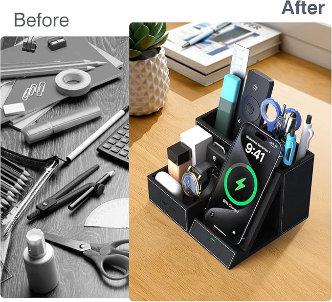 TopMade Wireless Charger with Desk Nightstand Organizer, PU Leather Pen Pencil Holder Fast Charging Station, Office Supplies for Iphone Charging Stand, Anniversary Birthday Gifts for Men(Black)