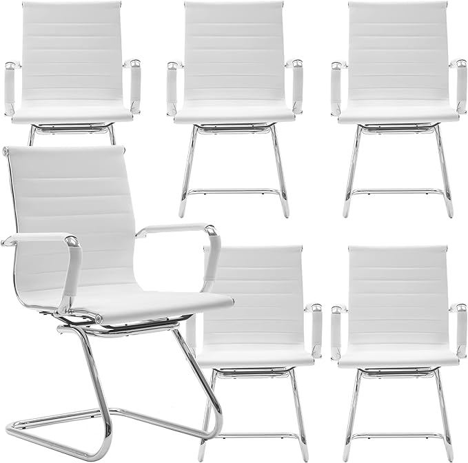 White Office Desk Chair No Wheels Set of 6 PU Leather Computer Chairs Mid Back Guest Chairs for School Reception Conference Waiting Room, White