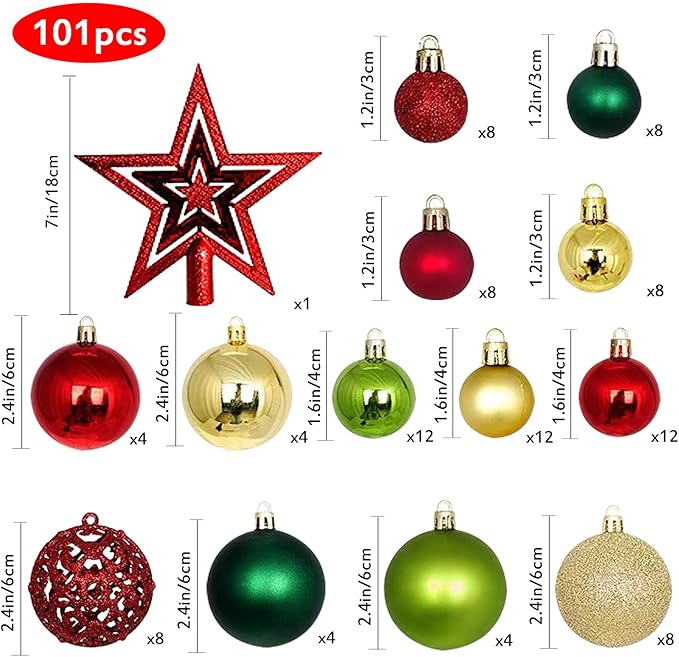 101 PCS Christmas Tree Ornaments Decoration Set, Red Golden Green Shatterproof Plastic Baubles Christmas Balls for Xmas Holiday Decorations