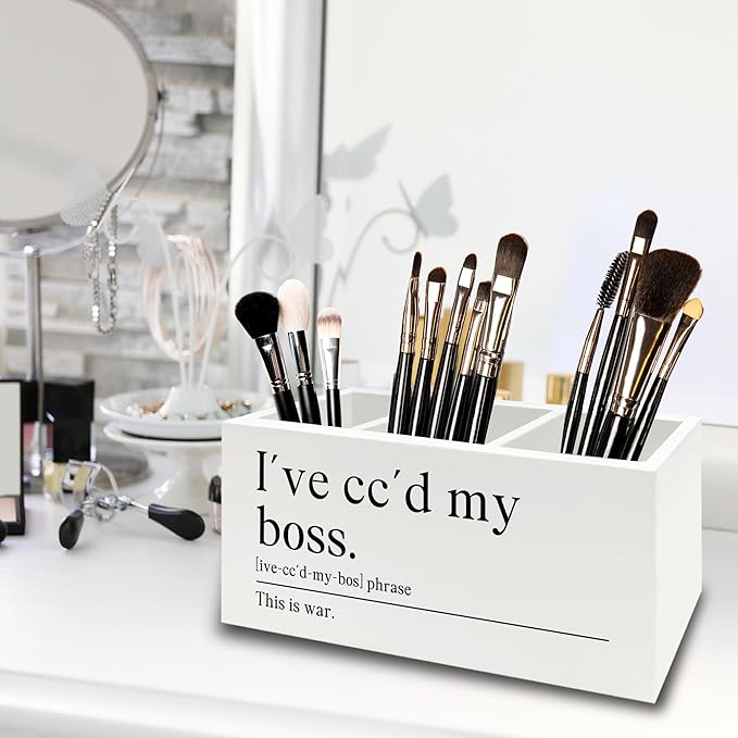 Funny Office Pen Pencil Holder Organizer for Desk, Coworker Gifts for Women Men, I've Cc'd My Boss Funny Wooden Box Sign for Home Office Workplace Desk Tabletop Decorations