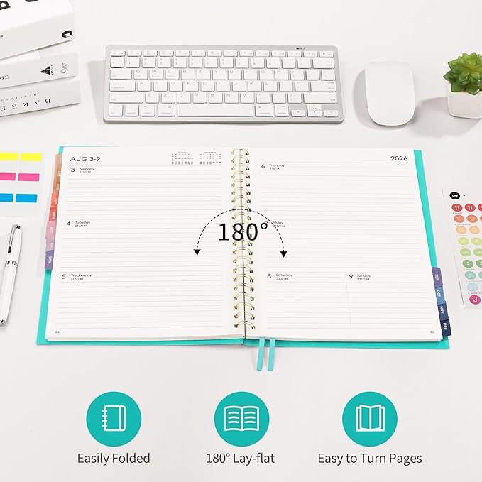 RETTACY 2026 Planner, Weekly and Monthly, Large Size (8.5" x 11"), Jan - Dec 2026, Agenda, Calendar, 12 Month Tabs, Flexible Plastic Cover, 100 GSM Thick Paper, Spiral-bound (Tiffani Blue)