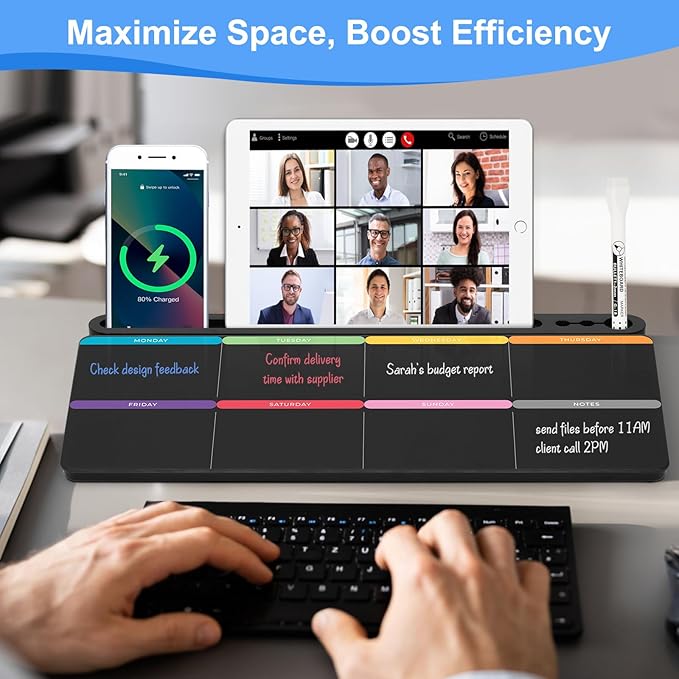 Desktop Glass Whiteboard with Storage, Colorful Weekly Calendar Desk Dry Erase White Board, Desk Organizers and Accessories, Weekly Planner with Notes for List, Planning, Memo, Office, Home, School